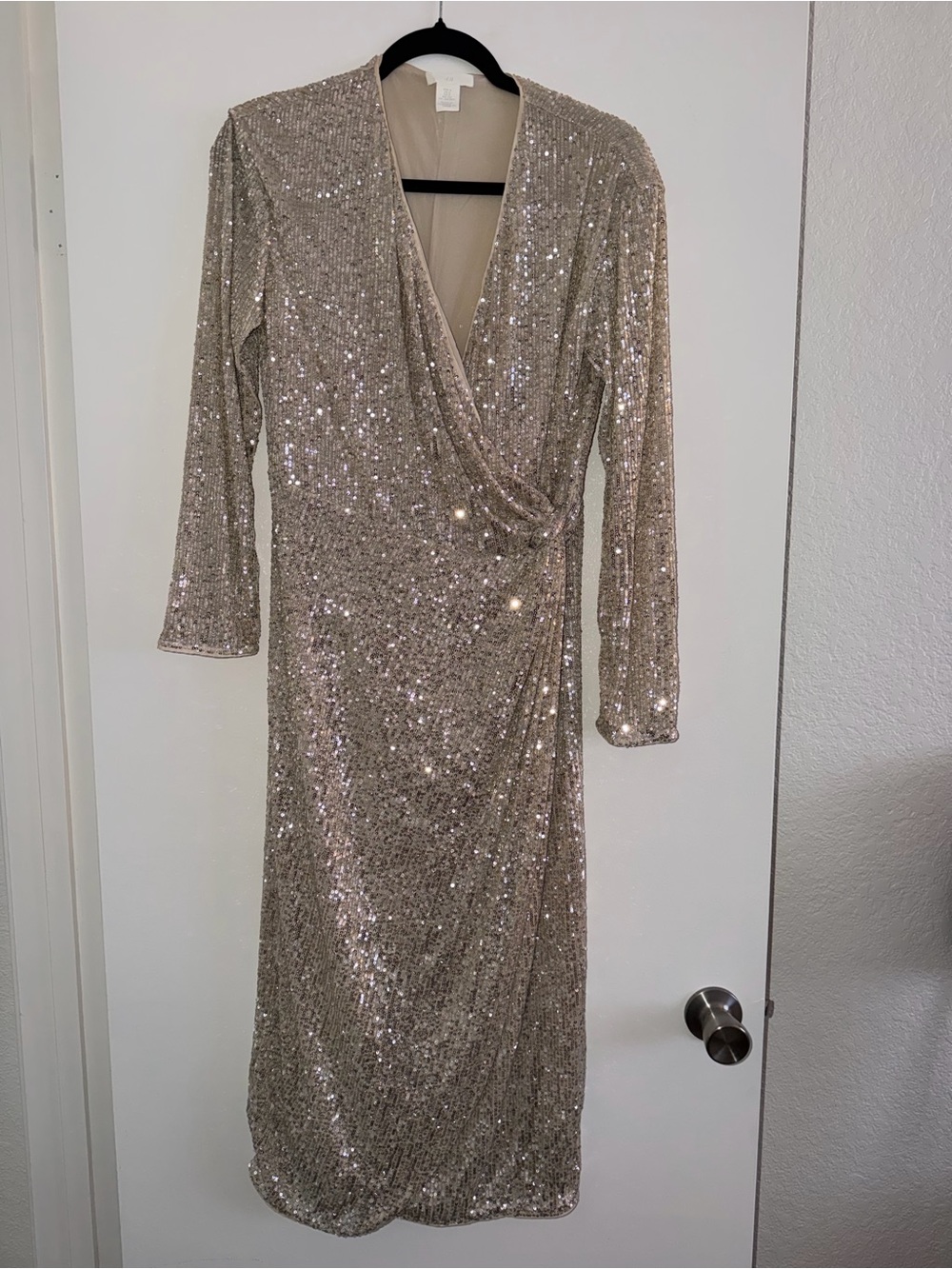 H&M Champagne Sequin Wrap-Style Long Sleeve Midi Dress